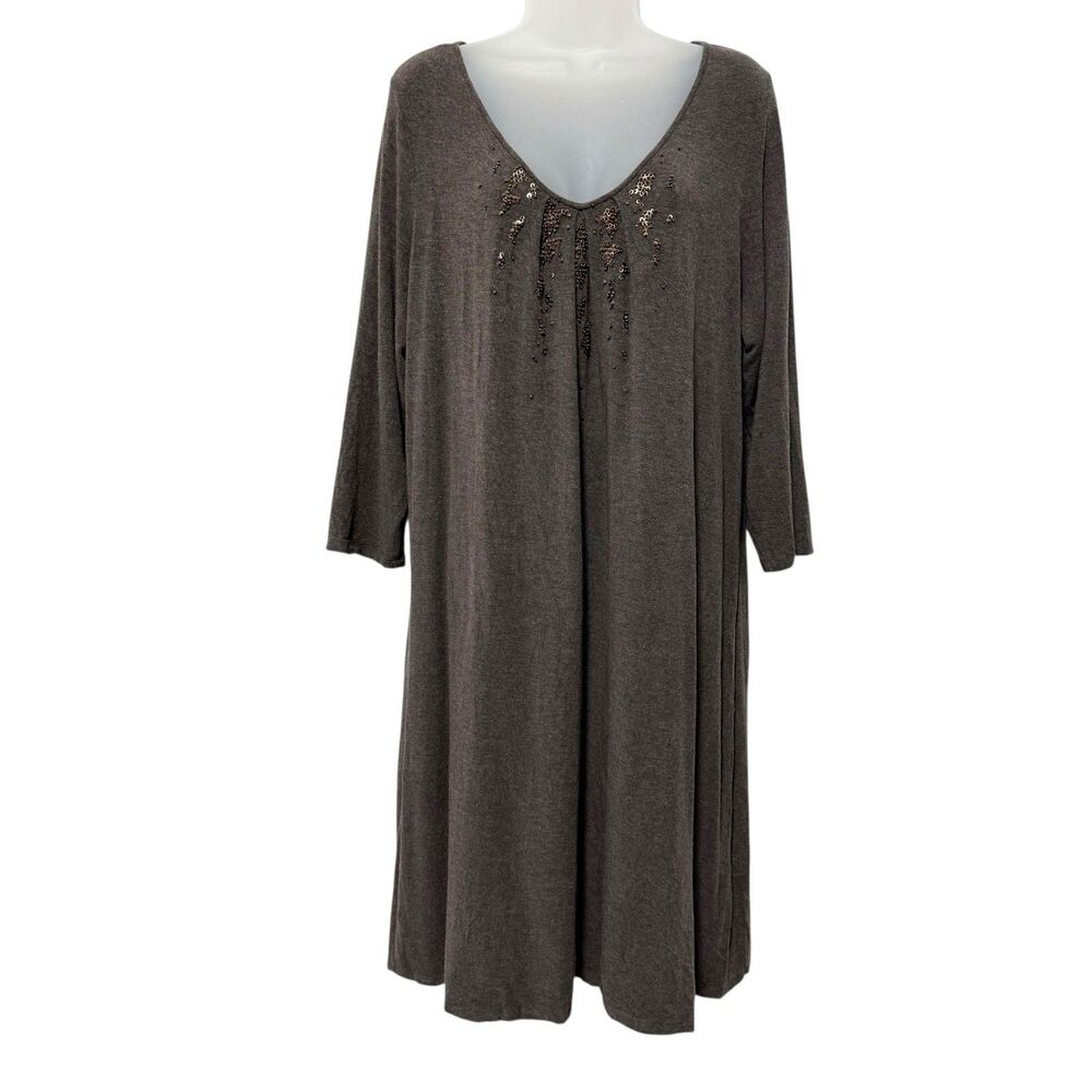 Eileen Fisher Cozy Jersey Stretch Sequin Dress Brown 3/4 Sleeve XL